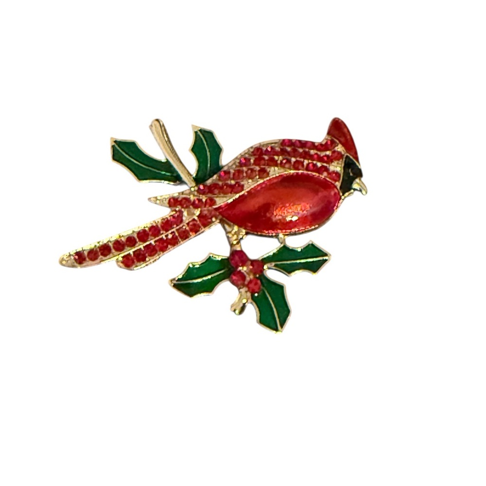 Red Cardinal Brooch with Green Accents in Gold Tone
